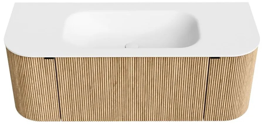 Mondiaz Kurve 120cm badmeubel ronding links/rechts oak met 1 lade en 2 deuren en wastafel big small midden zonder kraangat