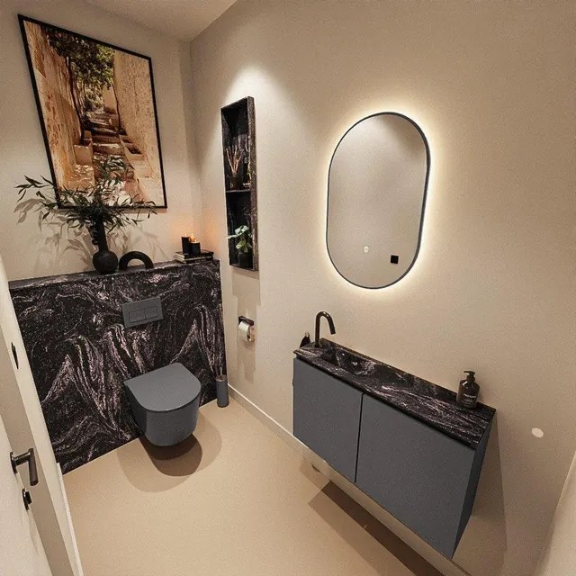 MONDIAZ TURE-DLUX 80cm toiletmeubel Dark Grey. EDEN wastafel Lava positie links. Met 1 kraangat. TUREDX80DGRL1LAV