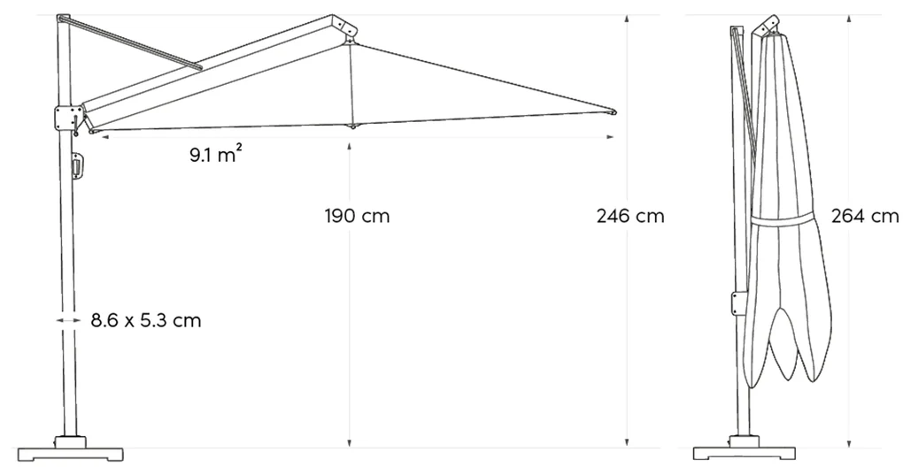 Platinum Challenger zweefparasol 3.5x2.6m T2 premium  (excl. voet) havana