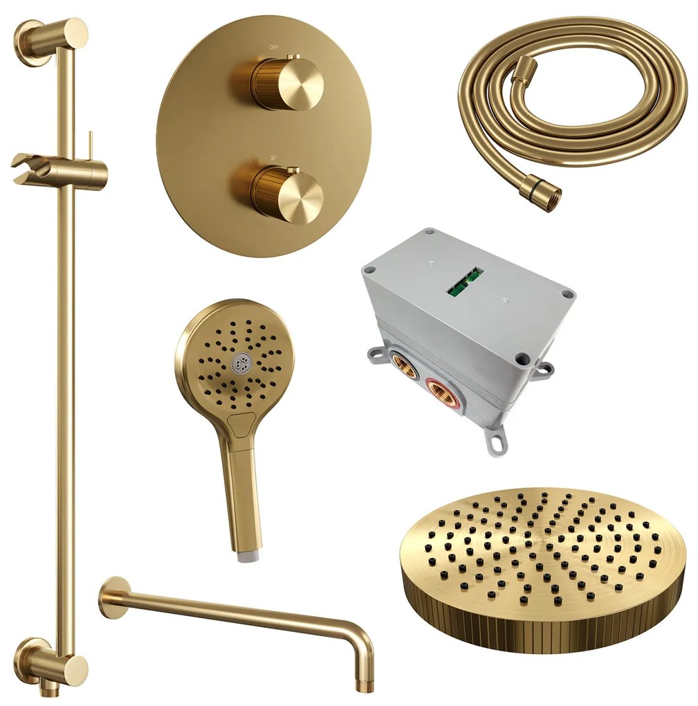 Brauer Stripe inbouw regendouche rond met 25cm hoofddouche, rond met gebogen muurarm, glijstang en 3 standen handdouche set 47 messing geborsteld PVD