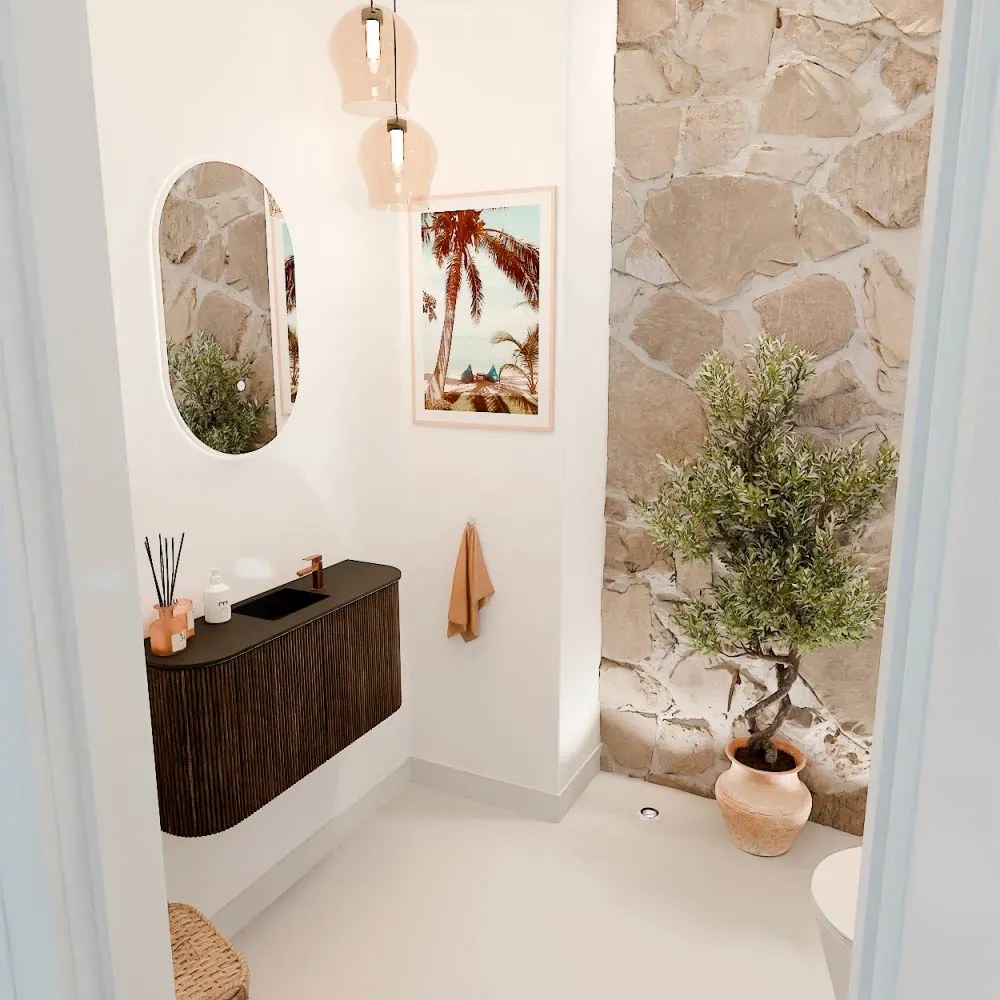 Mondiaz Joya 85cm toiletmeubel ronding links/rechts walnut met wastafel faye midden 1 kraangat urban