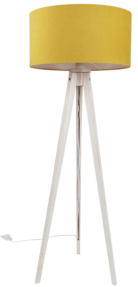 Vloerlamp tripod wit met stoffen kap geel 50cm - Tripod Classic Landelijk, Modern E27 rond Binnenverlichting Lamp