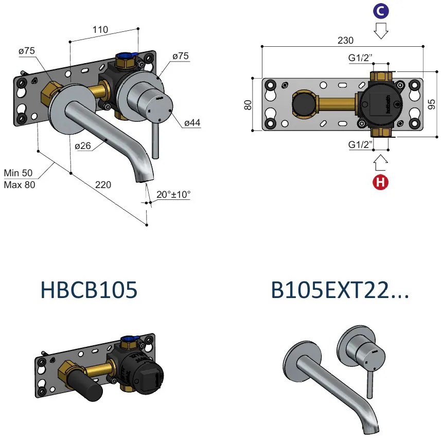 Hotbath Buddy inbouw wastafelkraan 22cm geborsteld zwart PVD