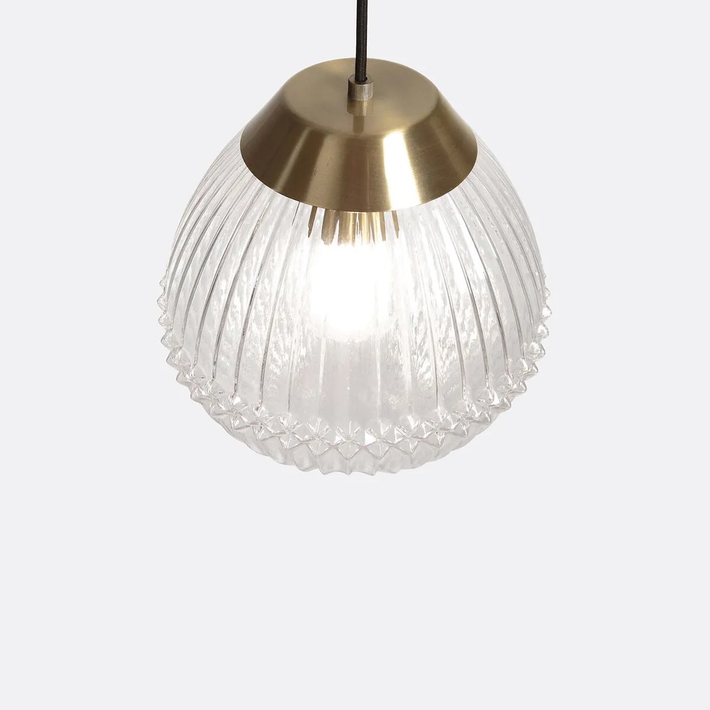 Hanglamp in messing en geribbeld glasØ26 cm, Ari