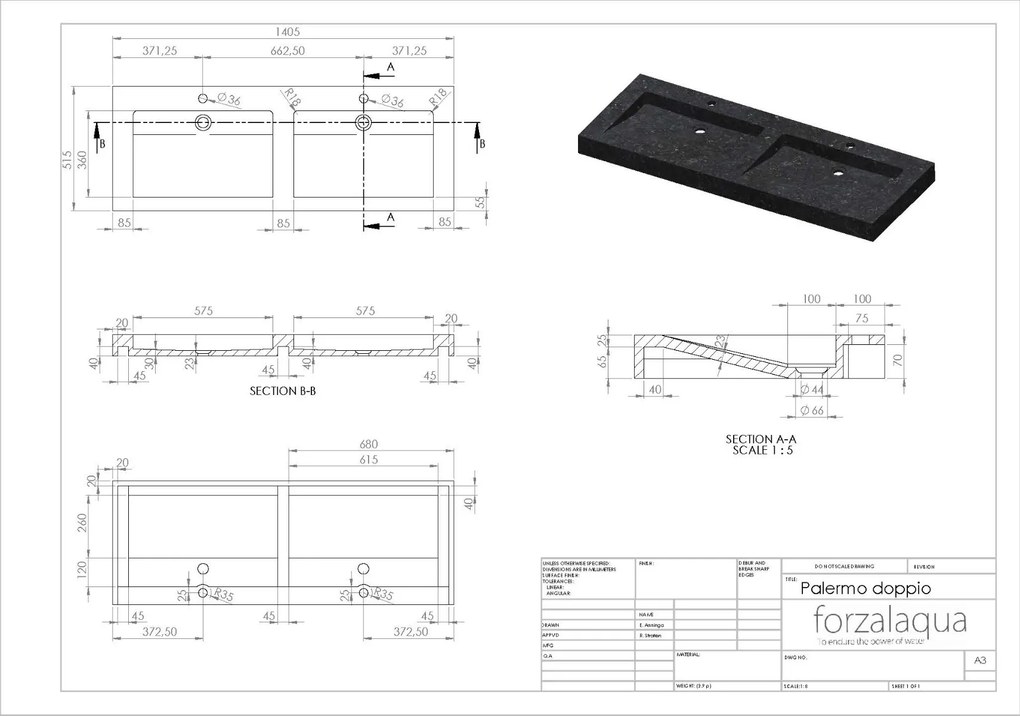 Forzalaqua Palermo wastafel 140x50cm met 2 kraangaten graniet gepolijst