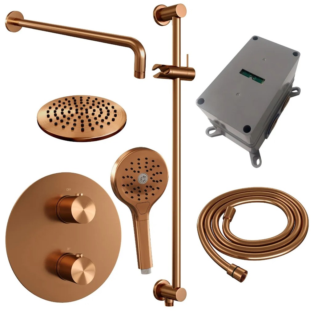 Brauer Copper Edition thermostatische inbouw regendouche met 3 standen handdouche, gebogen muurarm, glijstang en hoofddouche 20cm set 93 koper geborsteld PVD