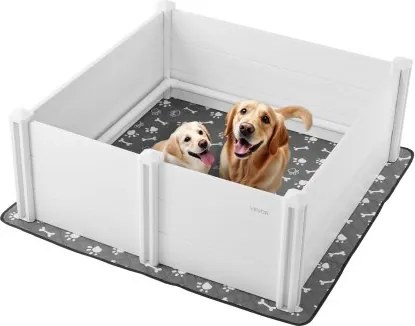VEVOR Werpbox voor honden, 122 x 122 x 46 cm, kunststof PVC puppyren met in hoogte verstelbare deur en wasbare plasmat, vervormingsbestendige puppybench voor grote honden, melkwit