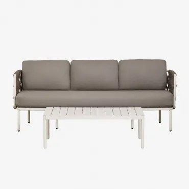 Tuinset Met 3-zits Bank Van Gevlochten Touw Tevary En Salontafel Van Aluminium Boleni Hazelnootbruin Doek - Sklum