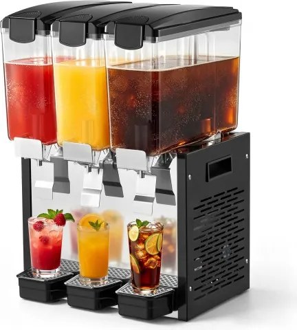 VEVOR elektrische drankdispenser met 3 x 10 liter sapdispenser (7-12 °C) en PC-containers, geschikt voor restaurants, hotels, bars en kiosken, inclusief roerstaaf voor gelijkmatig mengen, drukschakelaar en lekbak.