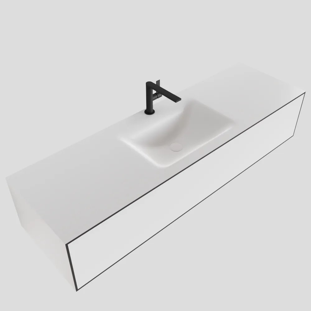 Zaro Lagom volledig naadloos solid surface onderkast 150cm mat zwart met 1 lade Push tot open. Compleet met solid surface wastafel met 1 kraangat(en)