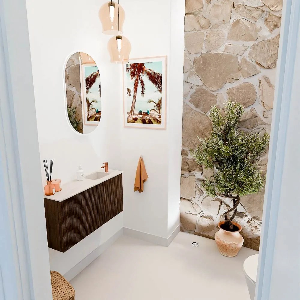Mondiaz Joya DLux 80cm toiletmeubel walnut met wastafel faye rechts 1 kraangat meli