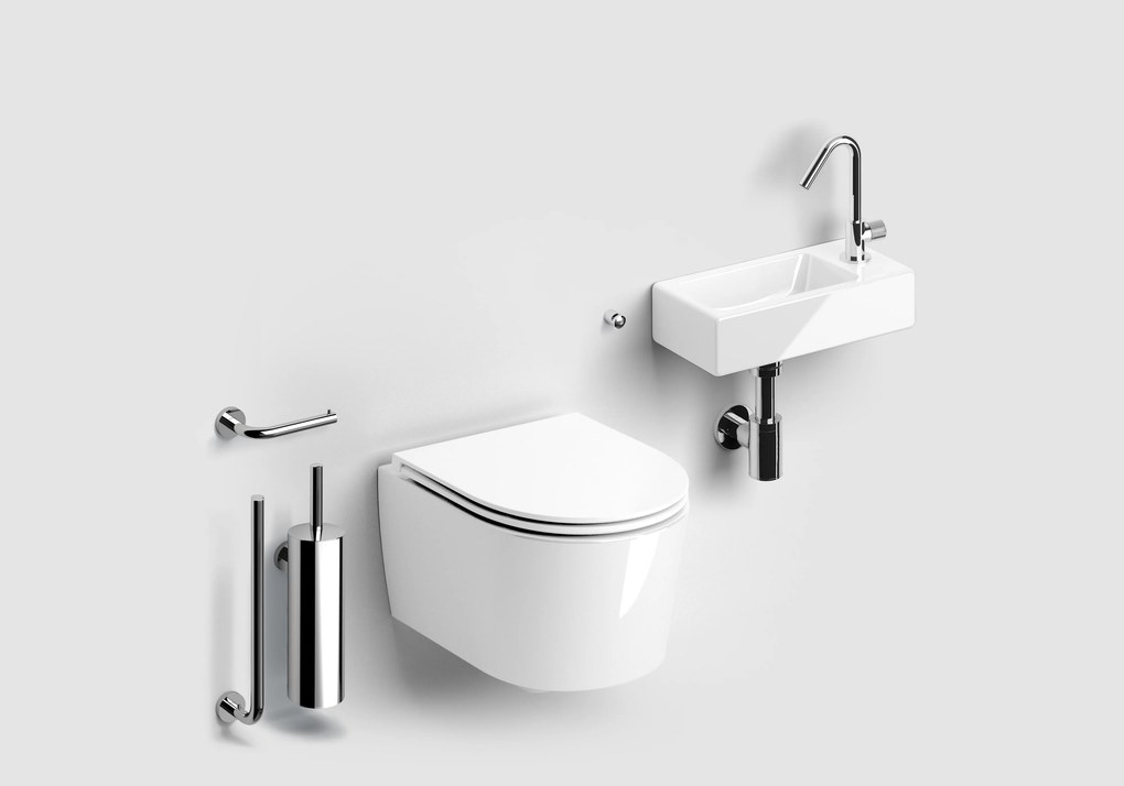 Clou InBe toiletruimte set met randloos toilet, fonteinset en chromen accessoires