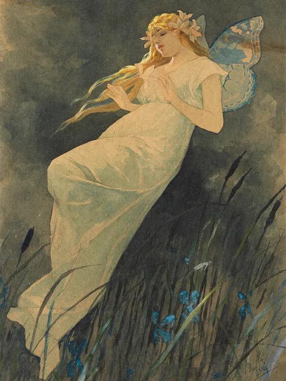 Kunstreproductie The Elf in the Iris Blossoms (Vintage Art Nouveau) - Alfons Mucha