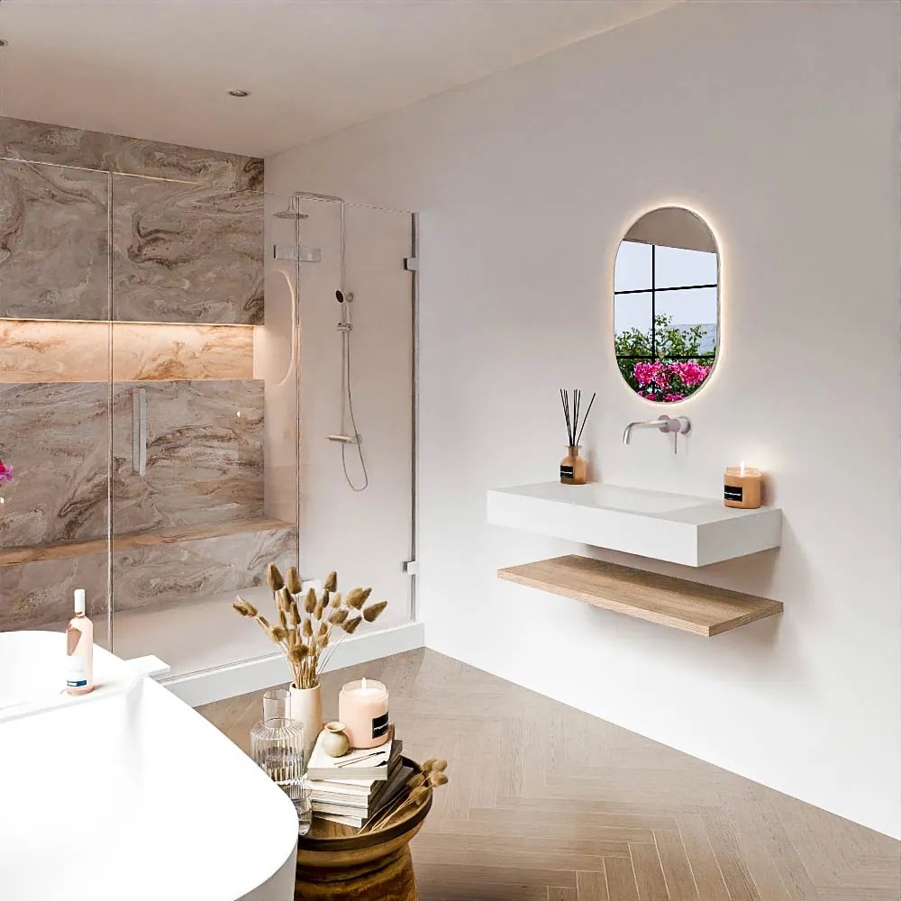 Zaro Alan badmeubel 90cm met planchet washed oak en vrijhangende wastafel cloud midden zonder kraangat talc
