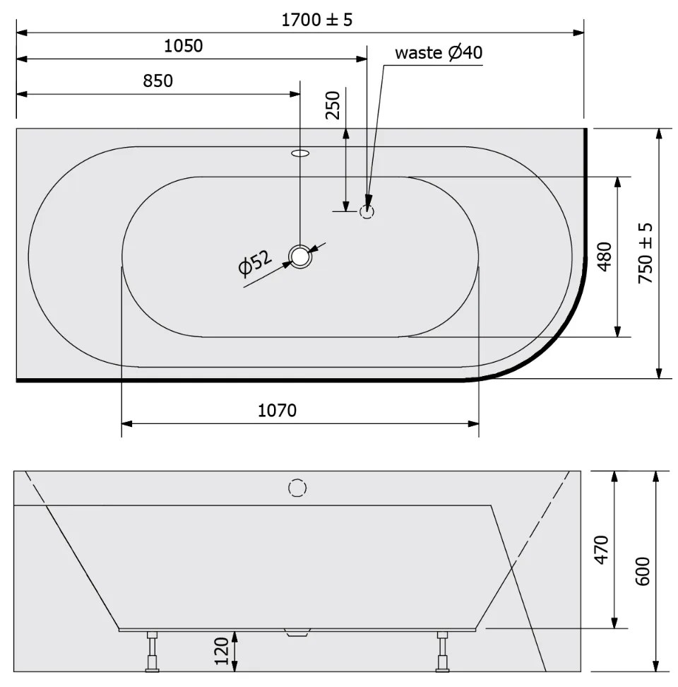 Polysan Monolith ligbad links 170x75x60cm wit