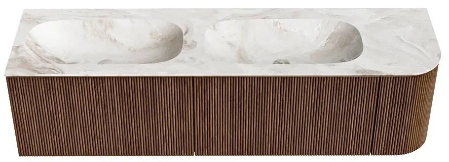 Mondiaz Kurve-dlux 165cm badmeubel ronding rechts walnut met 2 lades en 1 deur en wastafel stor small dubbel/links 2 kraangaten frappe