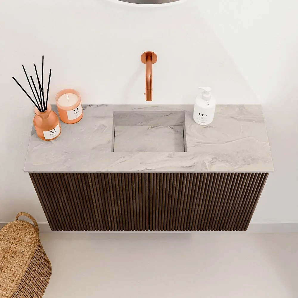 Mondiaz Joya DLux 70cm toiletmeubel walnut met wastafel faye midden zonder kraangat glace