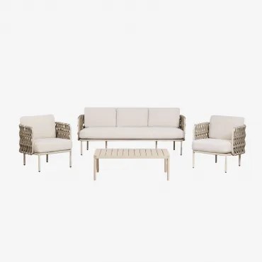Tuinset Met 3-zitsbank, 2 Stoelen Van Gevlochten Touw Tevary En Salontafel Van Aluminium Boleni Tela Beige Tapioca - Sklum