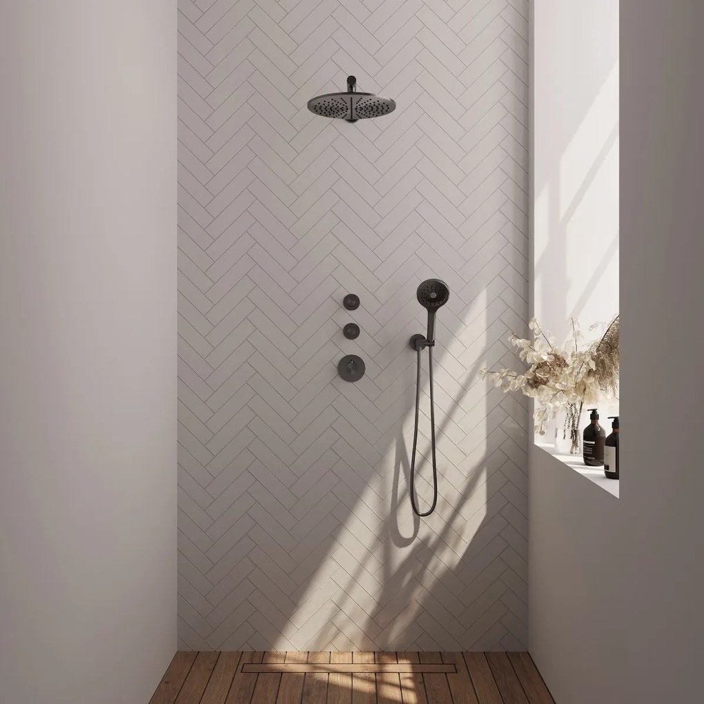 Brauer Gunmetal Edition complete inbouw regendouche met 3 standen handdouche, rechte wandarm en hoofddouche 30cm set 8 gunmetal geborsteld PVD