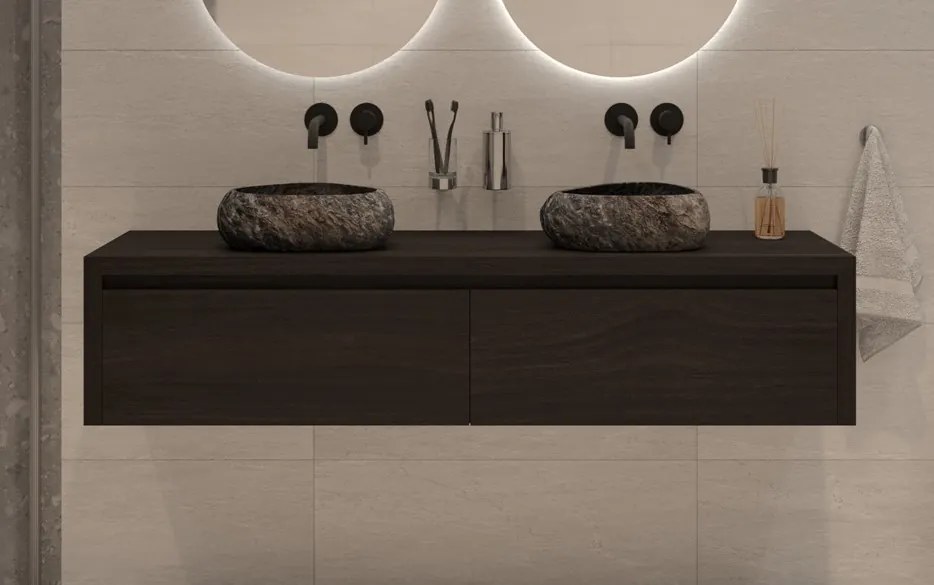Gliss Design Ares badmeubel 160cm 2 lades charcoal met rivierstenen waskommen