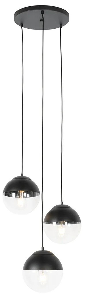 Retro hanglamp zwart met helder glas rond 3-lichts - Eclipse
