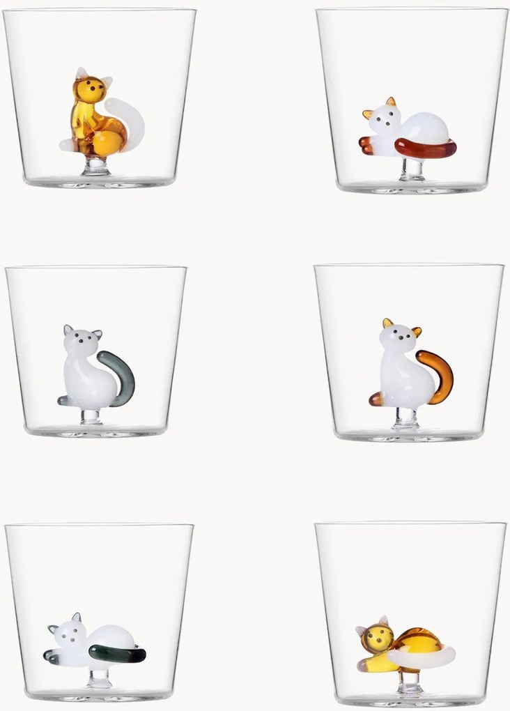 Handgemaakte tumblers Cats van borosilicaatglas, 6-delig