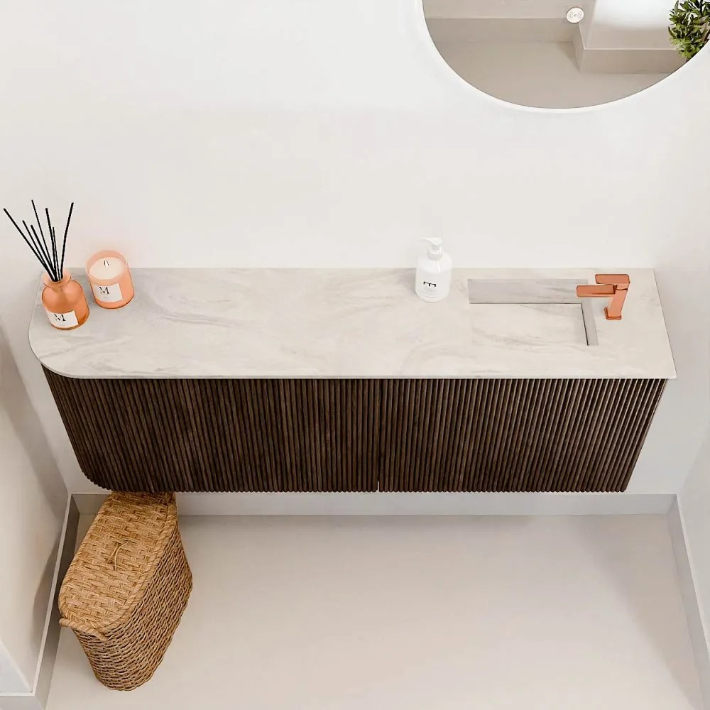 Mondiaz Joya DLux 110cm toiletmeubel ronding links walnut met wastafel faye rechts 1 kraangat ostra