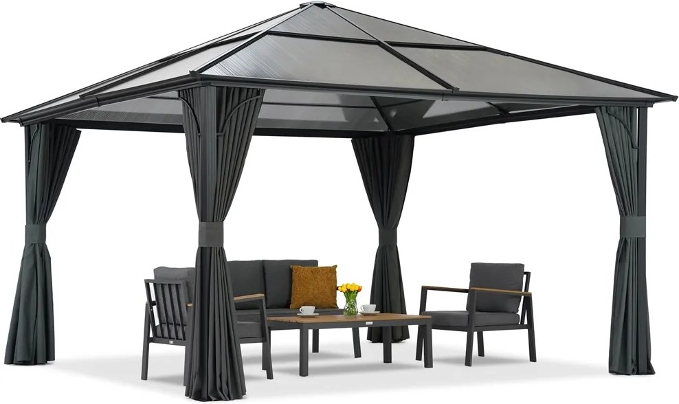 Modern tuinhuisje Santiago 4x4m met Garden Point antraciet gordijnen