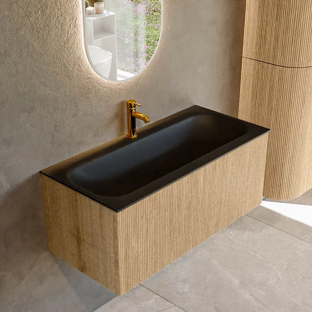 Mondiaz Kurve 100cm badmeubel oak met 1 lade en wastafel big medium midden 1 kraangat urban
