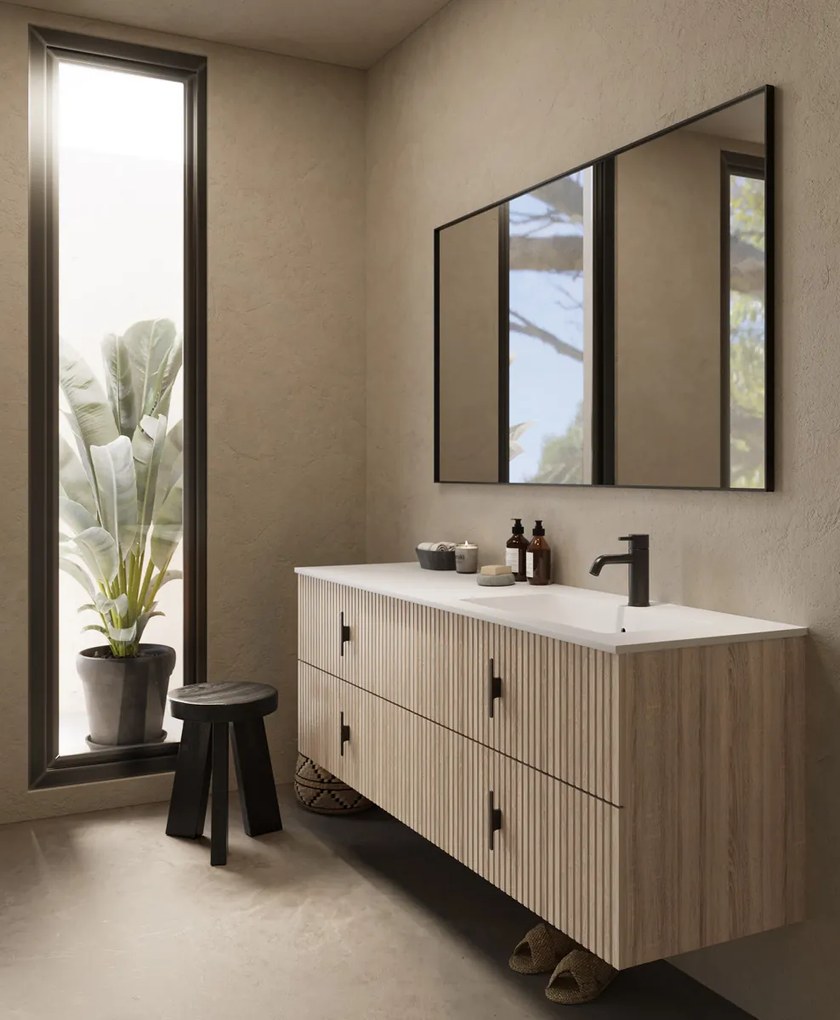 Muebles Avila badmeubel ribbelfront 160cm naturel eiken met wastafel rechts met kraangat