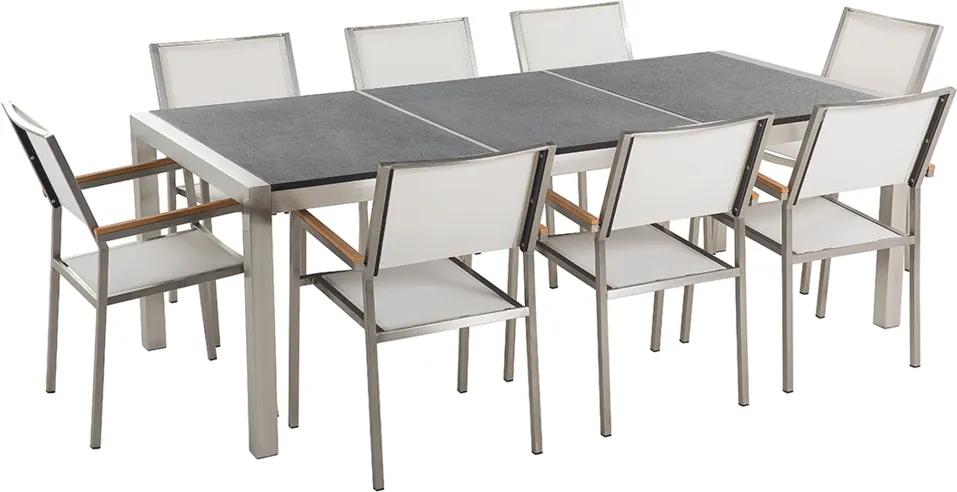 Tuinset gebrand graniet/RVS zwart driedelig tafelblad 220 x 100 cm met 8 stoelen wit GROSSETO