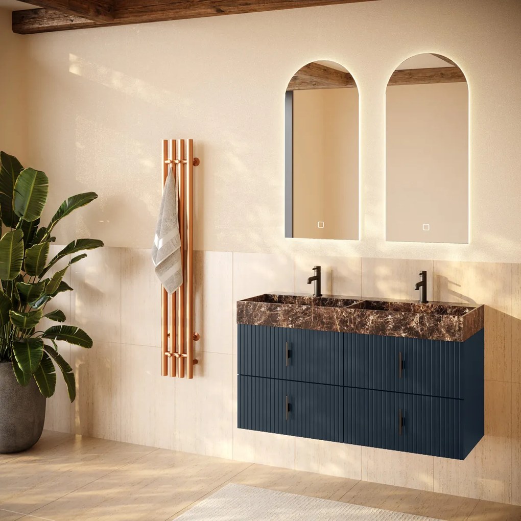 Muebles Murcia badmeubel ribbelfront 120cm marine blauw met Dark Emperador wastafel met kraangaten