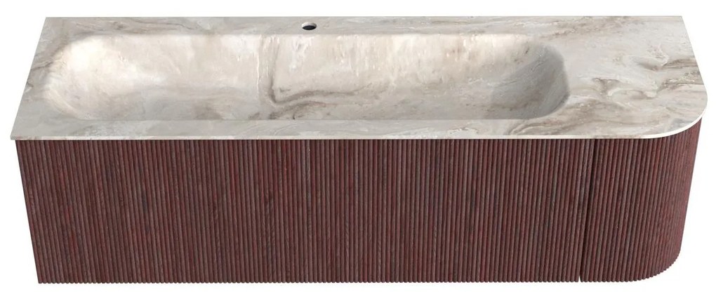 Mondiaz Kurve-dlux 145cm badmeubel ronding rechts ruby met 1 lade en deur en wastafel big large kraangat links frappe