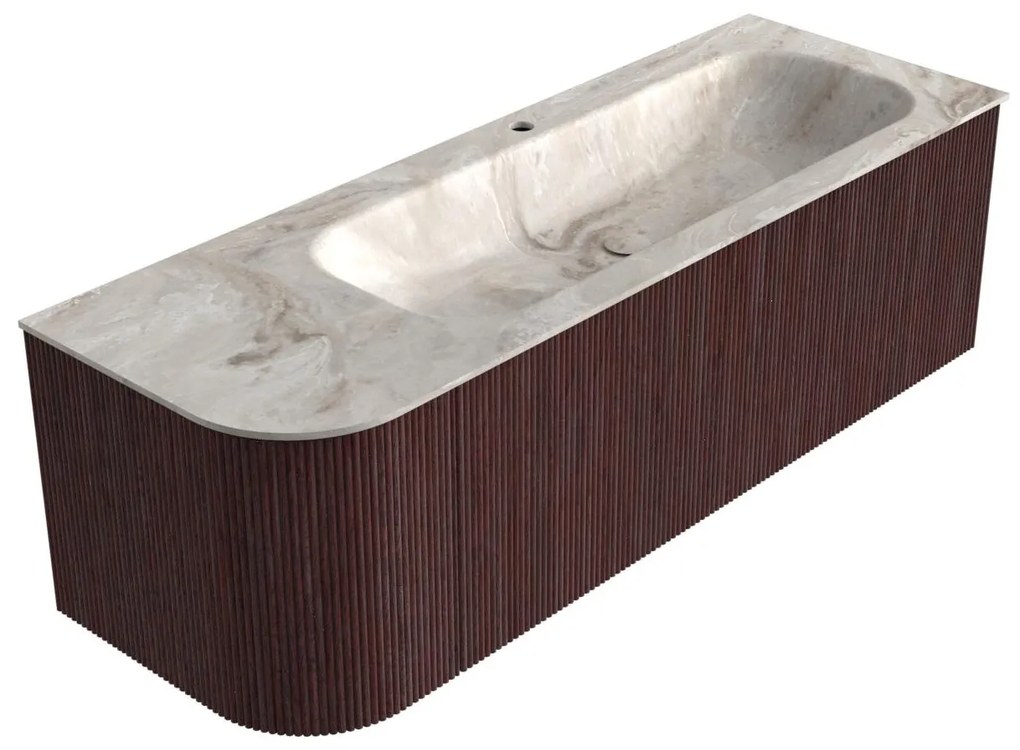 Mondiaz Kurve-dlux 135cm badmeubel ronding links ruby met 1 lade en deur en wastafel big medium kraangat rechts frappe