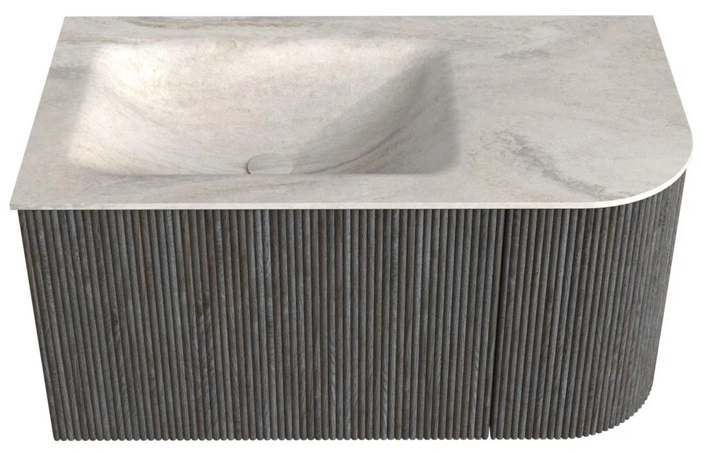 Mondiaz Kurve-dlux 85cm badmeubel ronding rechts shadow met 1 lade en deur en wastafel cloud links zonder kraangat ostra