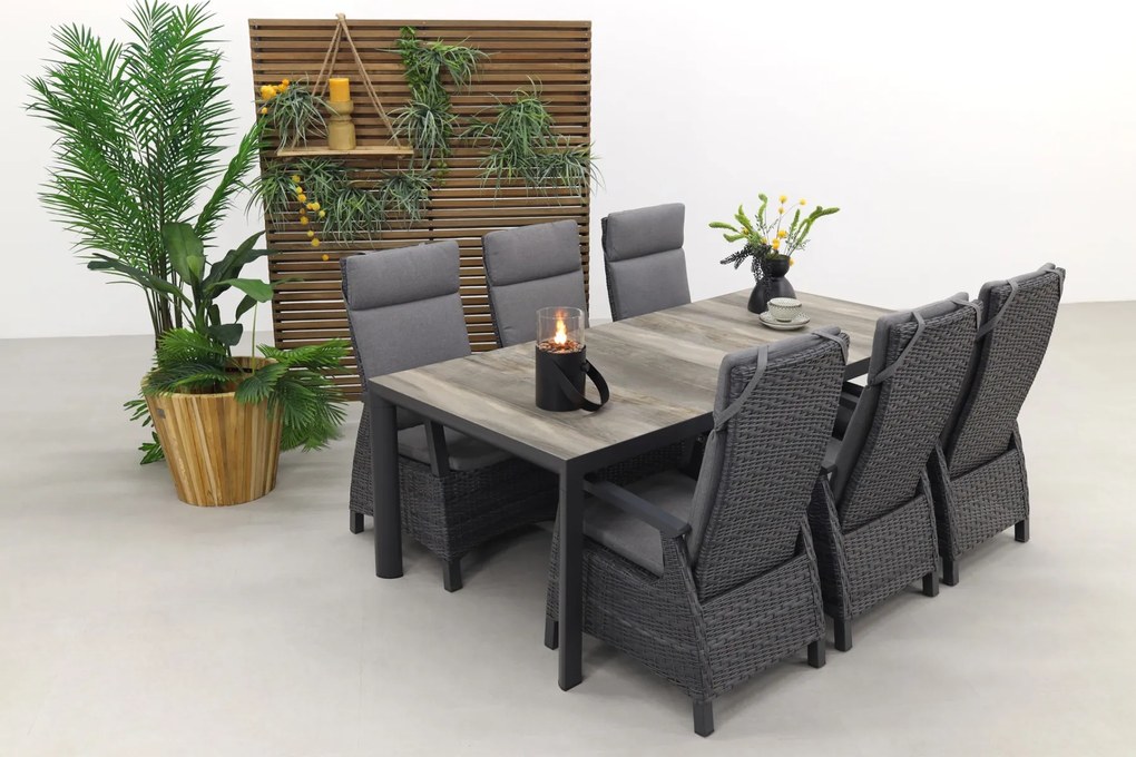 Darwin/Kings 6-persoons wicker verstelbare tuinset 220x100 cm. - Antraciet/Houtlook