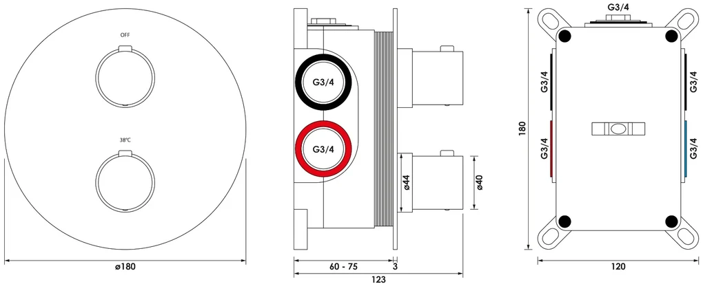 Brauer Brushed Edition 3-weg inbouwthermostaat rond RVS geborsteld PVD
