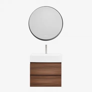 Badkamermeubelset Van Hout En Essenhoutfineer Met Geïntegreerde Wastafel Ona Donker Hout & Round Led And Antifog Zwart Ø80 Cm Kimacs - Sklum