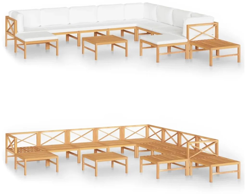 vidaXL 12-delige Loungeset met crèmekleurige kussens massief teakhout