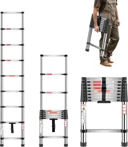 VEVOR Telescopische Ladder, 254 cm lang, RVS Uitschuifladder, Opvouwbare Ladder met een Draagvermogen van 150 kg (75°) &amp; Antislipvoetjes, Draagbare Ladder met 9 Treden voor Thuis, Camper, Zolder