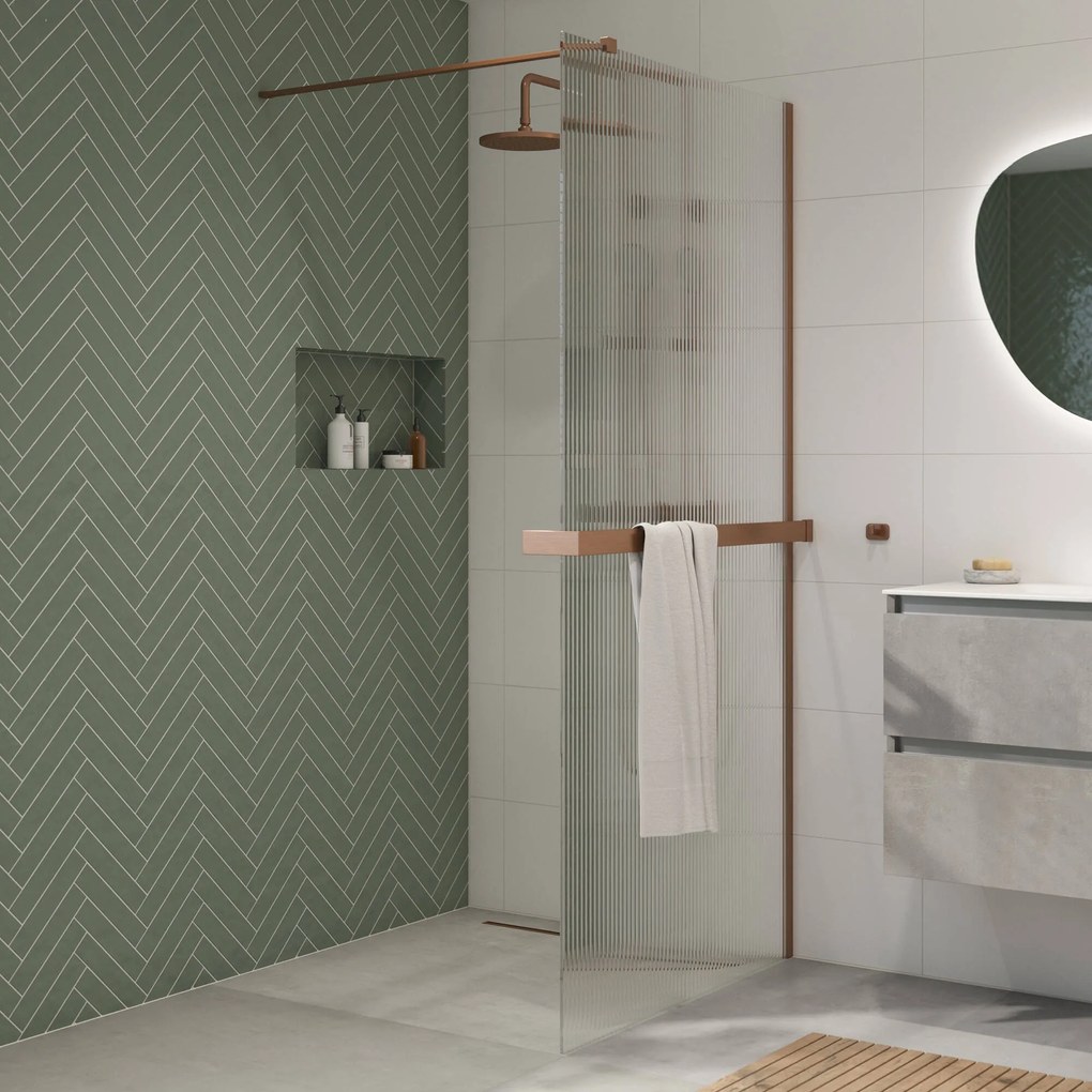 Saqu Modulo inloopdouche incl. antikalk 120x210cm geribbeld glas met handdoekhouder geborsteld koper