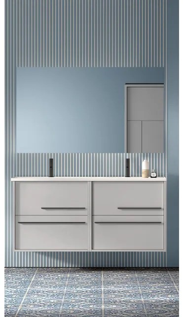 Saniclass Prime Essential Badkamermeubelset - 120x55x46cm - 2 rechthoekige wasbakken wit - 2 kraangaten - 4 lades - rechthoekige spiegel - mat greige (grijs) 2xSW892661/SW804533/SW724613