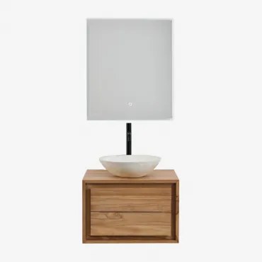 Jabari Teakhouten Badkamermeubelset Teakhout & Rond Cement Wit Ø40 Cm Zavion & Rechthoekige Led En Anticondens 60x70 Cm Riben & Zwart - Sklum
