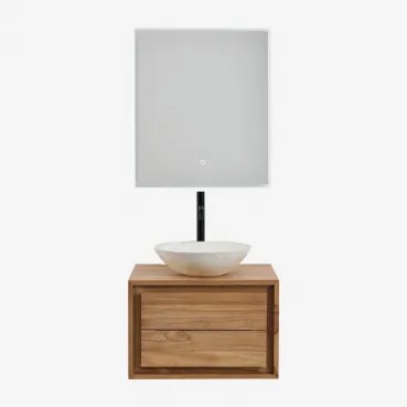 Jabari Zwevend Badkamermeubelset Van Teakhout Teakhout & Rond Cement Wit Ø40 Cm Zavion & Rechthoekige Led En Anticondens 60x70 Cm Riben - Sklum