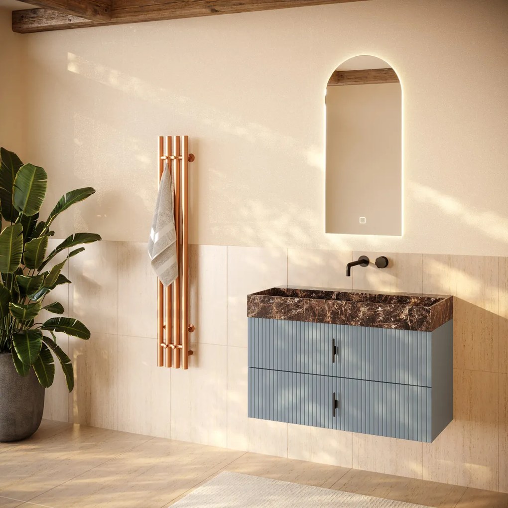 Muebles Murcia badmeubel ribbelfront 100cm baby blauw met Dark Emperador wastafel zonder kraangat