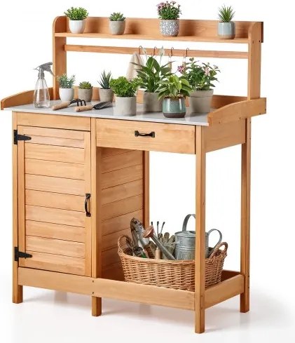 VEVOR Planttafel, Tuintafel, Werktafel met onderkast, Blad van gegalvaniseerd ijzer, Lade, Planken &amp; Haken, Bloementafel, Tuinkast voor Terras &amp; Tuin, 1120x465x1255 mm