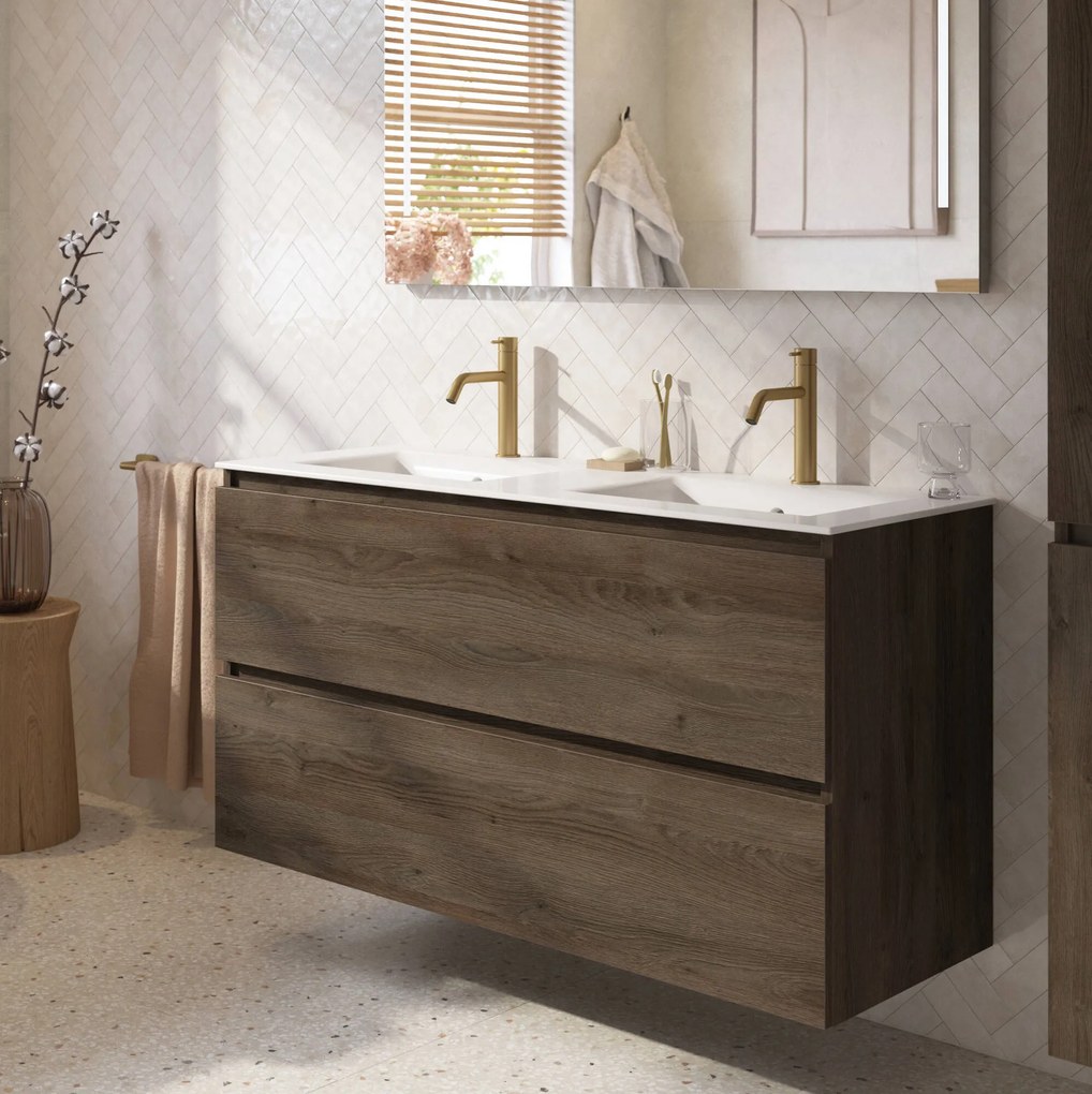 Saqu Terra badmeubel incl. dubbele glans witte keramische wastafel 120x51x66cm sepia eiken