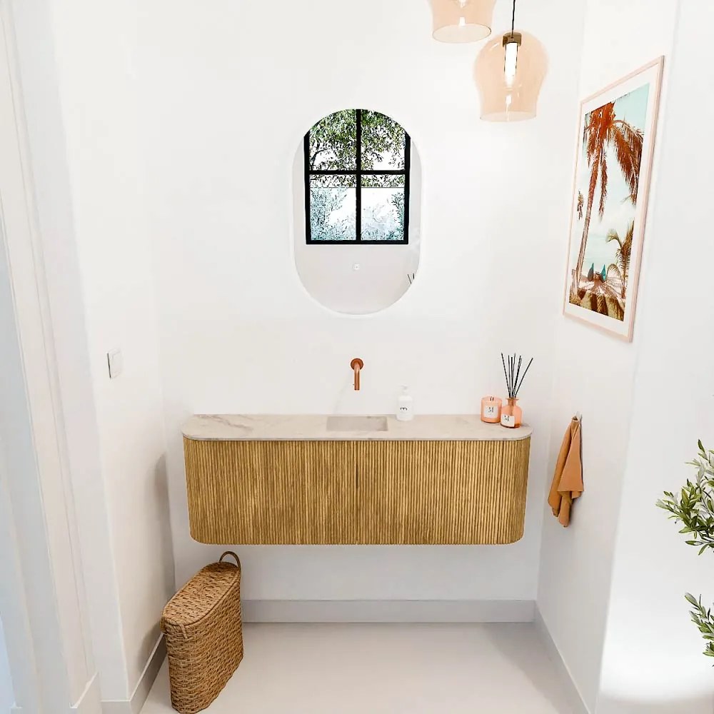 Mondiaz Joya DLux 125cm toiletmeubel ronding links/rechts oak met wastafel faye midden zonder kraangat frappe