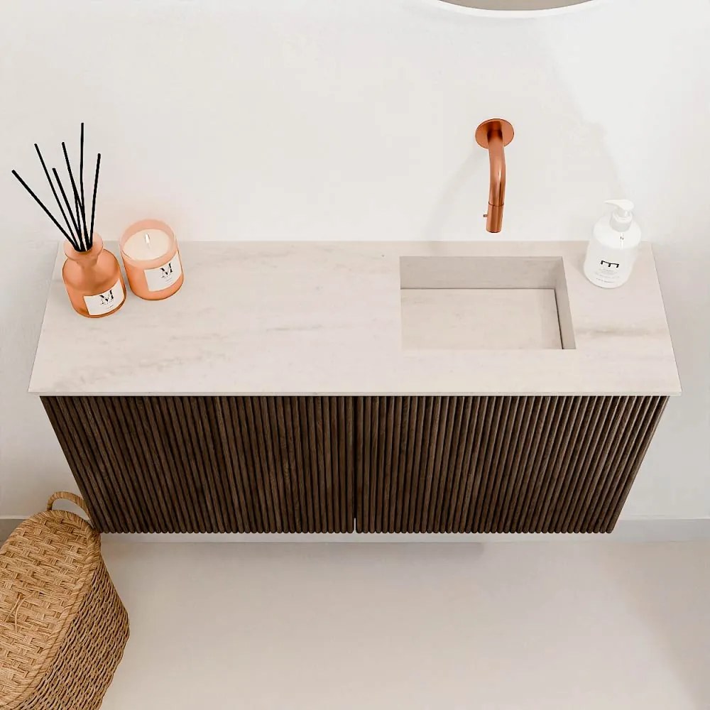 Mondiaz Joya DLux 80cm toiletmeubel walnut met wastafel faye rechts zonder kraangat meli