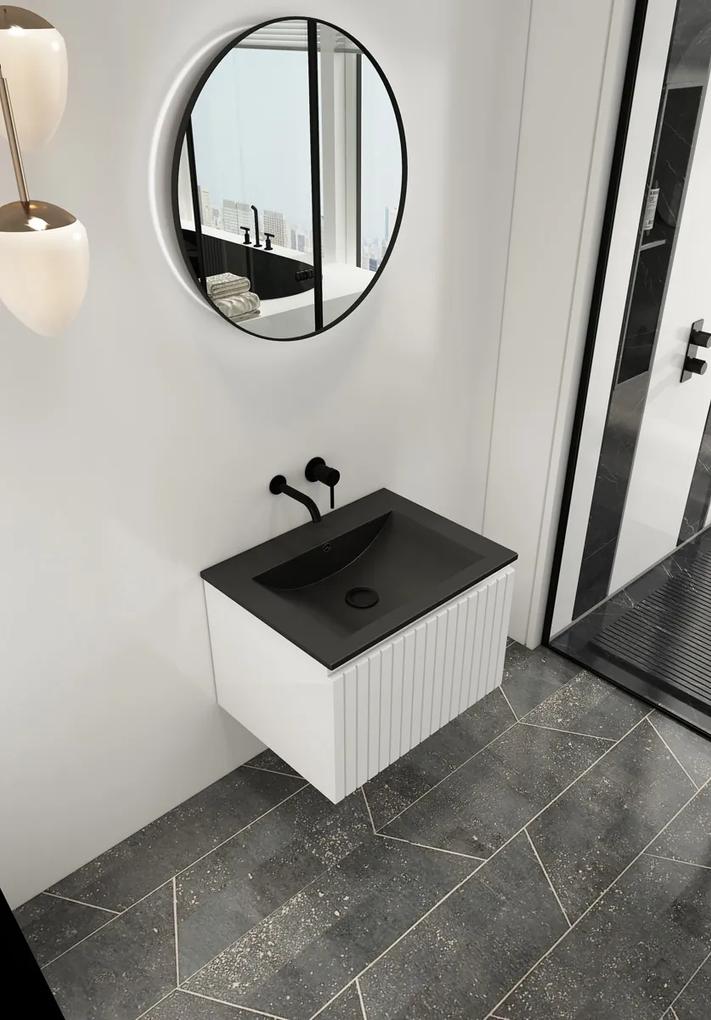 Fontana Lento wit badkamermeubel ribbelfront met zwarte wastafel 60cm zonder kraangat en ronde spiegel